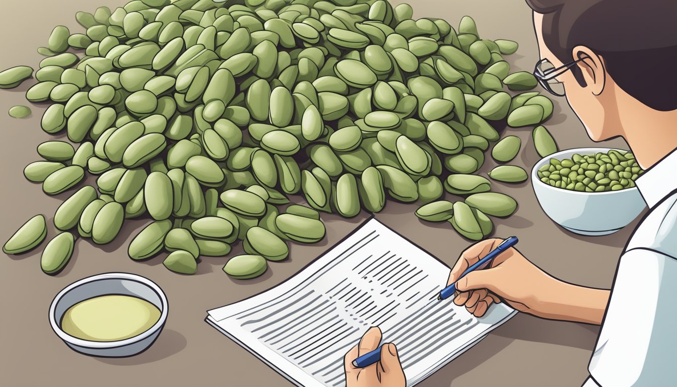 A diabetic person carefully examining a pile of faba beans next to a list of potential risks and considerations