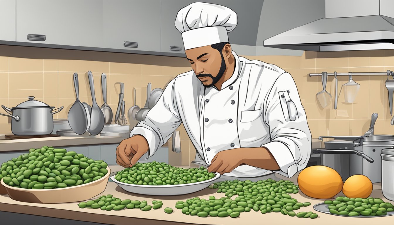 A chef carefully selects and prepares fresh faba beans, surrounded by various cooking utensils and a medical chart on diabetes