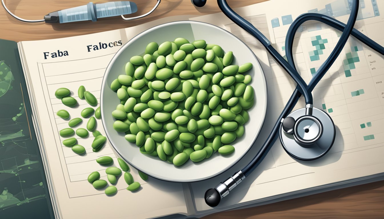 A plate of faba beans surrounded by medical journals and a stethoscope