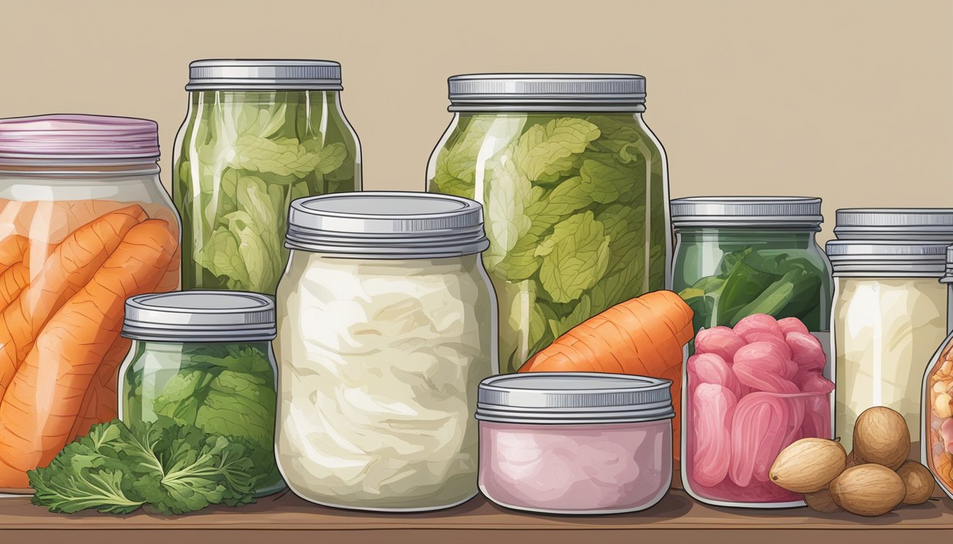 A variety of fermented foods, such as yogurt, kimchi, and sauerkraut, displayed on a table with a diabetes-friendly label