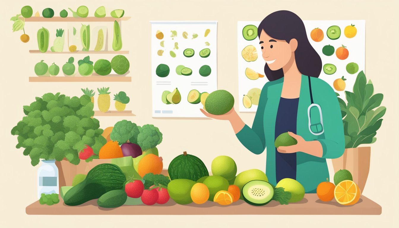 A person with diabetes holding a feijoa and a variety of fruits and vegetables, with a nutritionist explaining dietary options