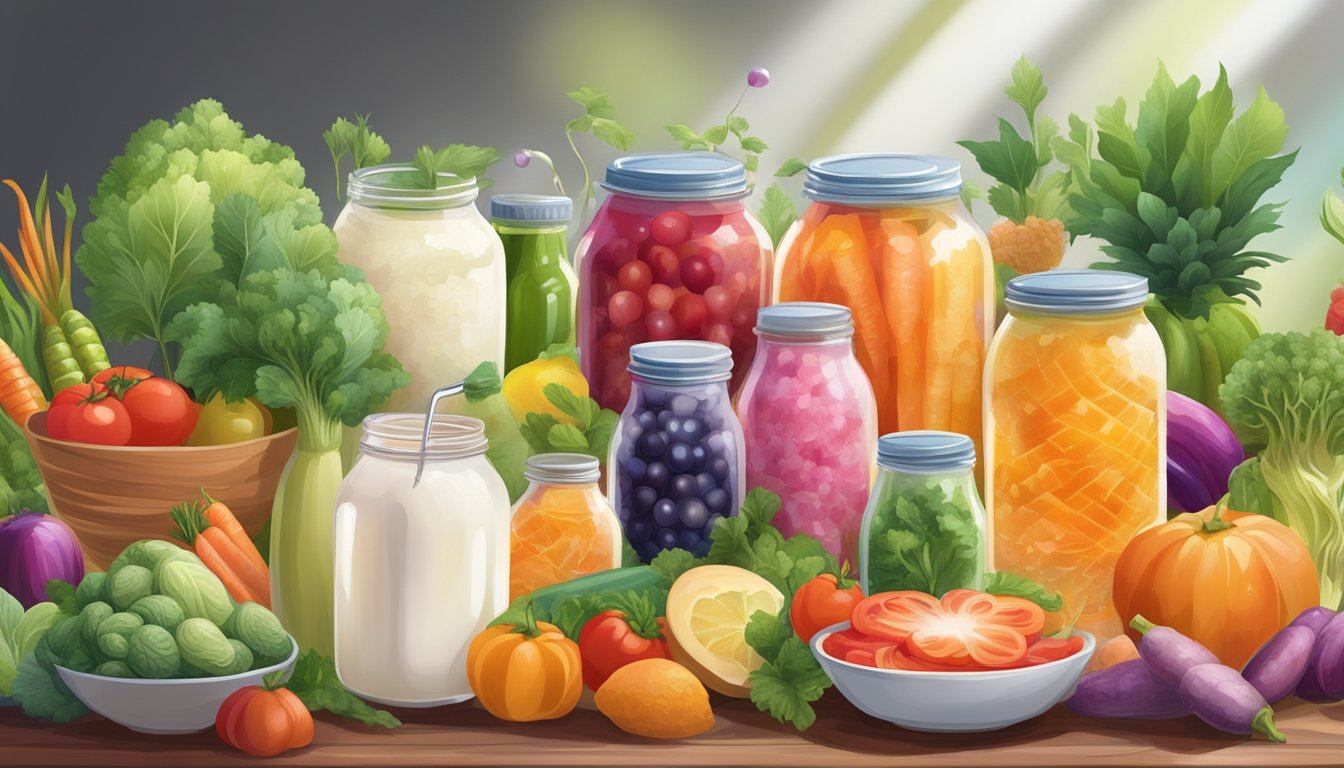 A variety of fermented foods (yogurt, kimchi, kombucha) surrounded by colorful vegetables and fruits, with a glowing halo indicating their health benefits