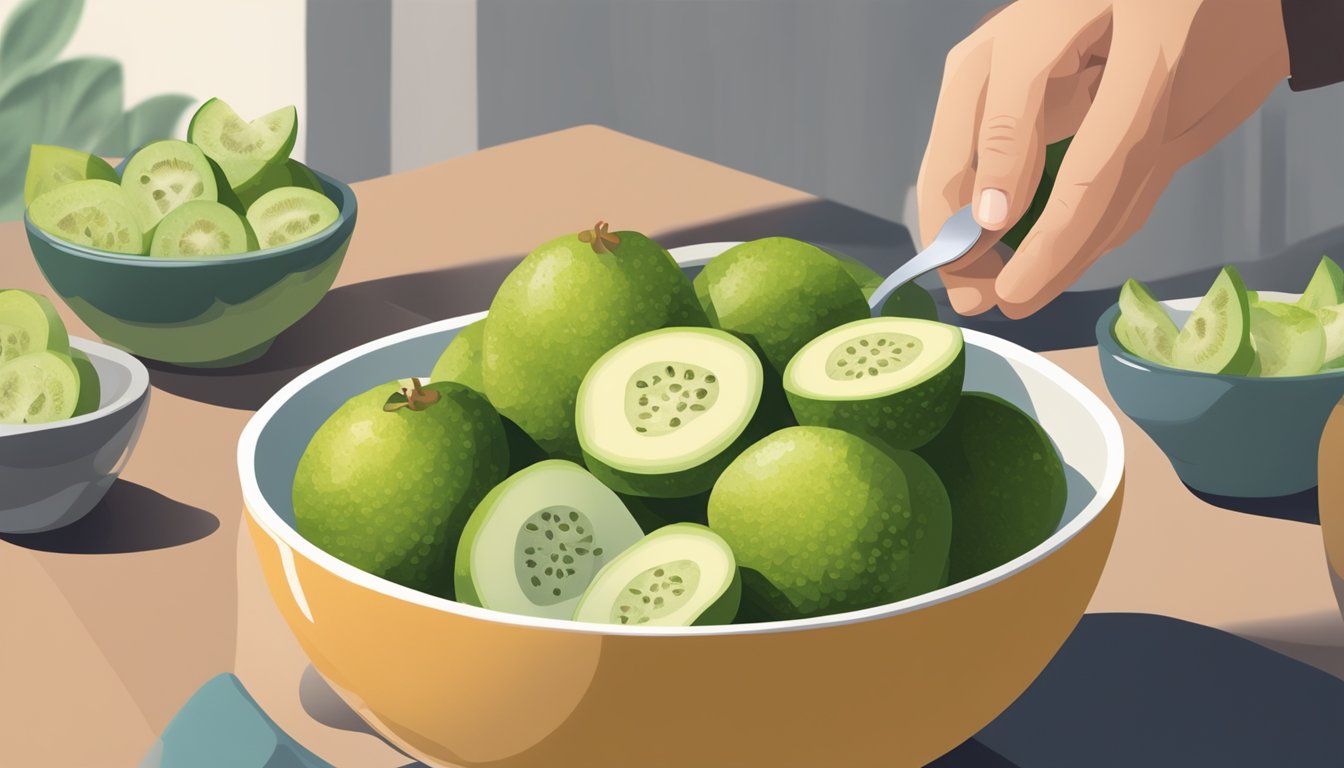 A person with diabetes enjoying a bowl of sliced feijoa as part of their balanced diet