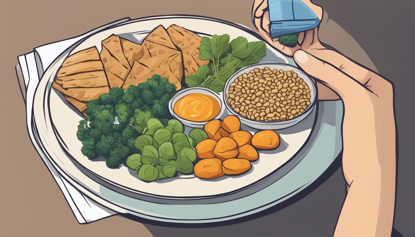 A person with diabetes holding a plate of food with fenugreek and other diabetic-friendly options, with a nutritionist explaining dietary needs