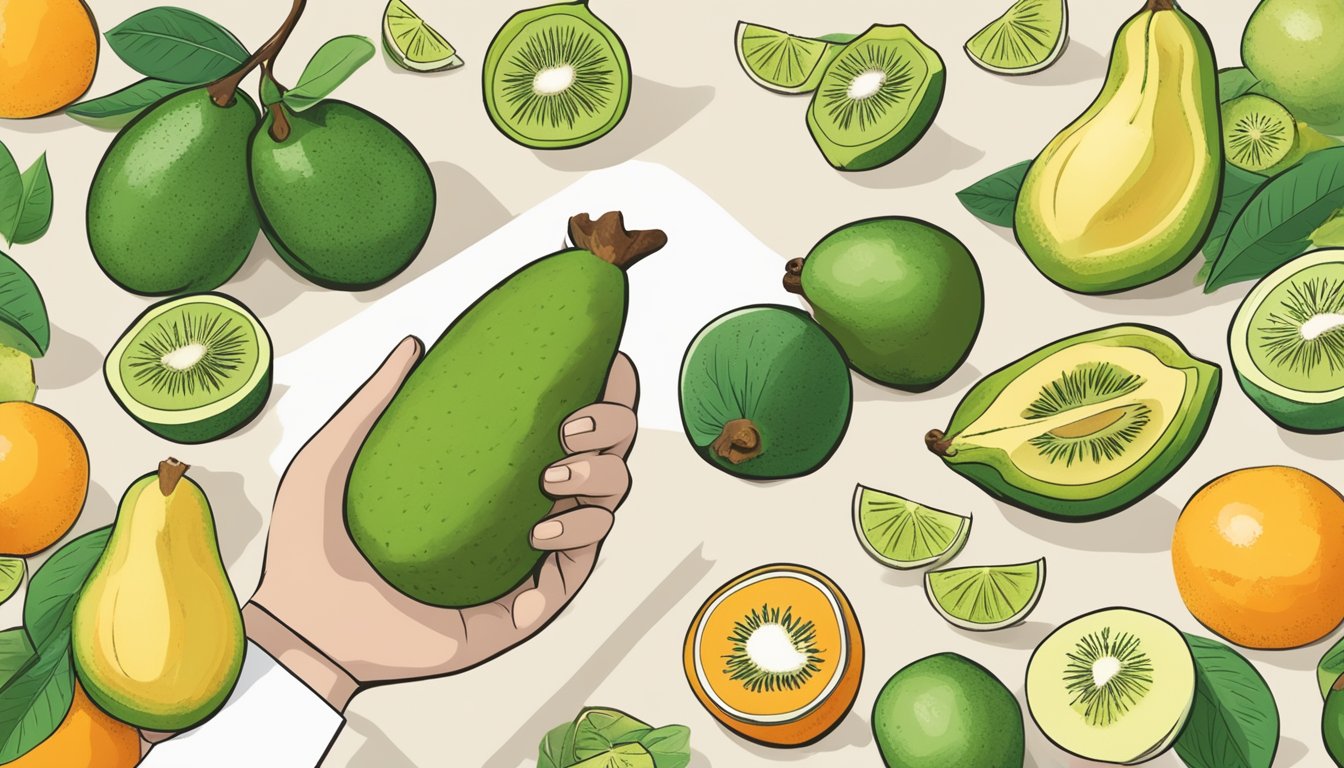 A diabetic holding a feijoa while surrounded by various fruits and a nutritionist's chart