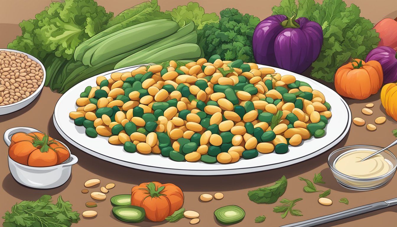 A plate of flageolet beans surrounded by colorful vegetables and a diabetic-friendly meal plan in the background