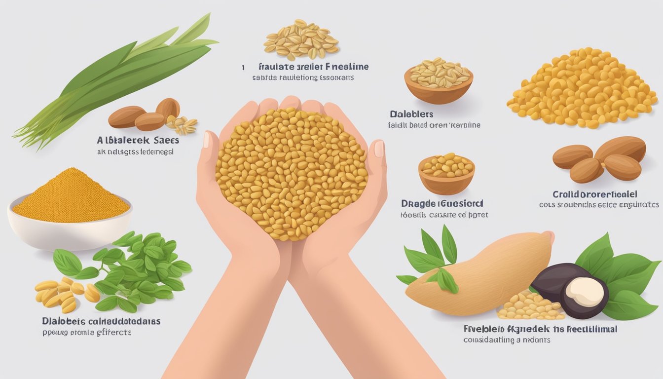 A diabetic person holding a handful of fenugreek seeds, surrounded by various food items and a list of potential side effects and considerations