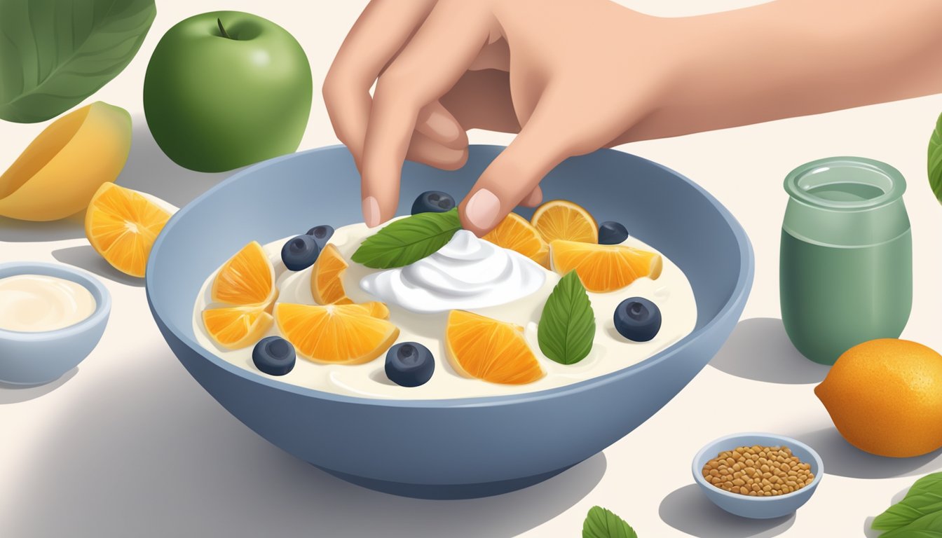 A person with diabetes adding fenugreek seeds to a bowl of yogurt and fruit for a healthy snack