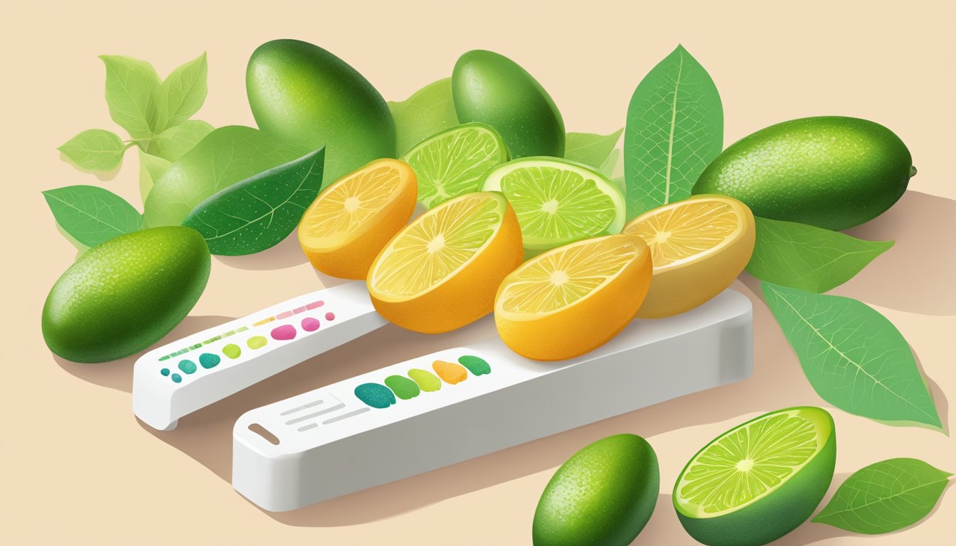 A colorful array of finger limes, alongside a detailed nutritional profile chart, with a question mark hovering over the image