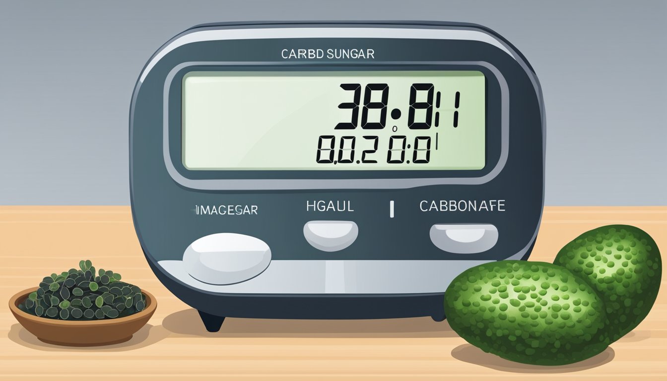 A plate of finger limes sits next to a blood sugar monitor and a chart showing the impact of carbohydrates on blood sugar levels