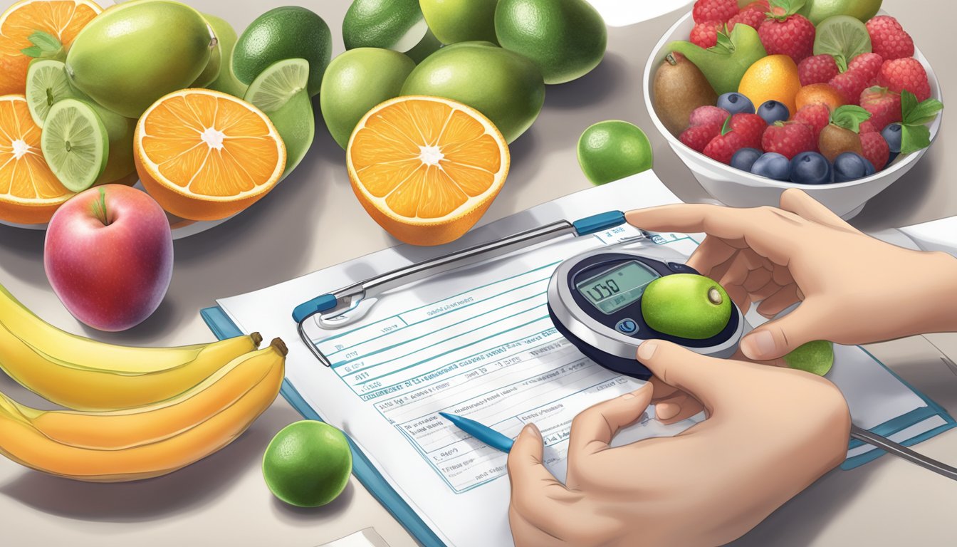 A diabetic person holding a plate of assorted fruits, including finger limes, with a measuring tape and a doctor's prescription in the background