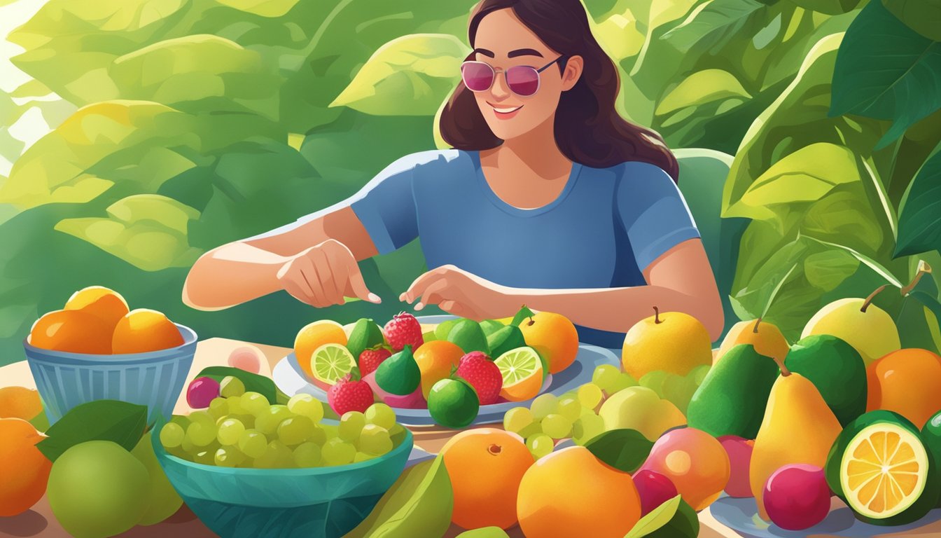 A diabetic person enjoying a colorful plate of fruits, including finger limes, surrounded by vibrant green leaves and a bright, sunny backdrop