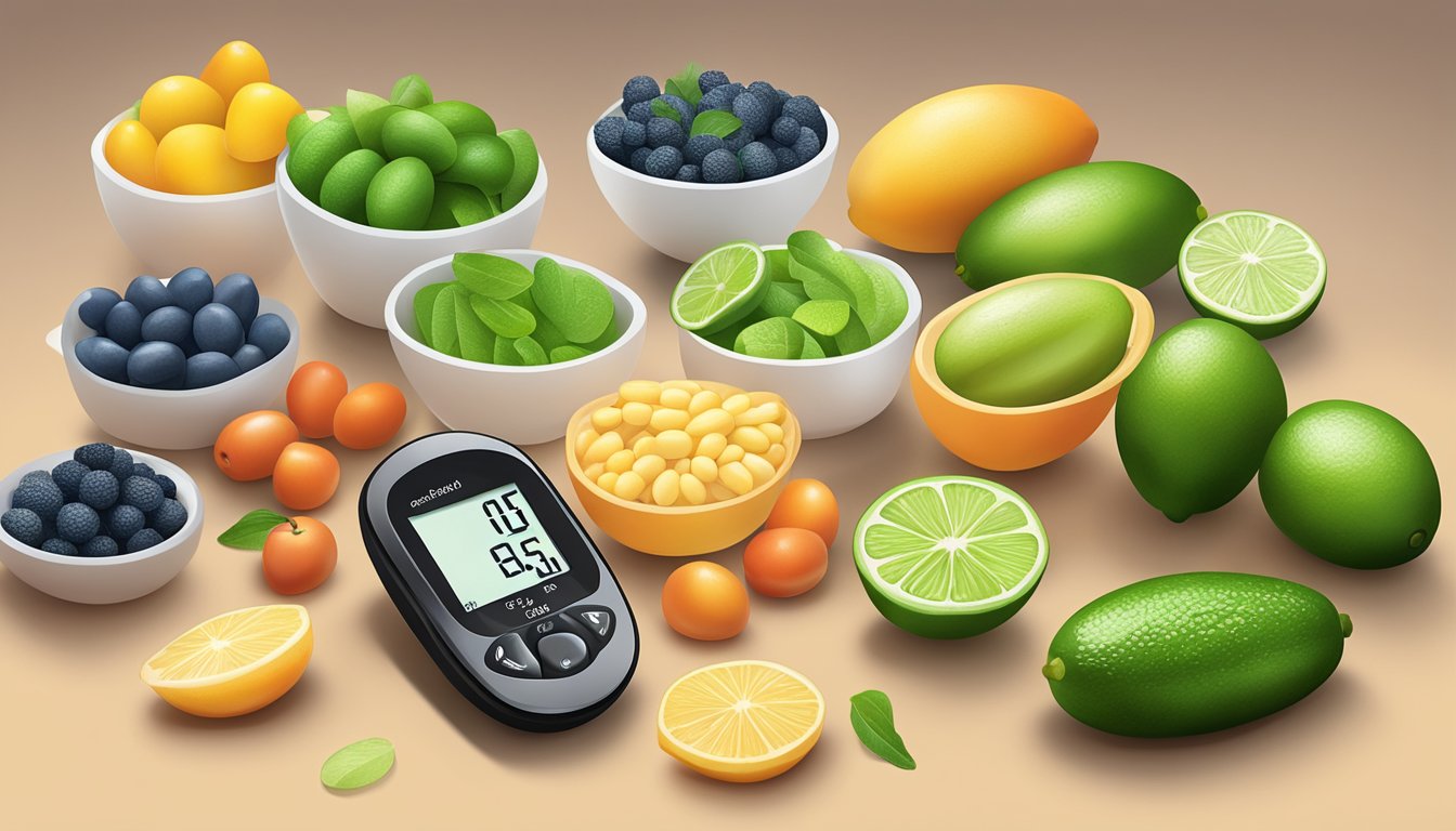 A colorful array of fresh finger limes arranged next to a variety of diabetic-friendly foods and a glucose monitor