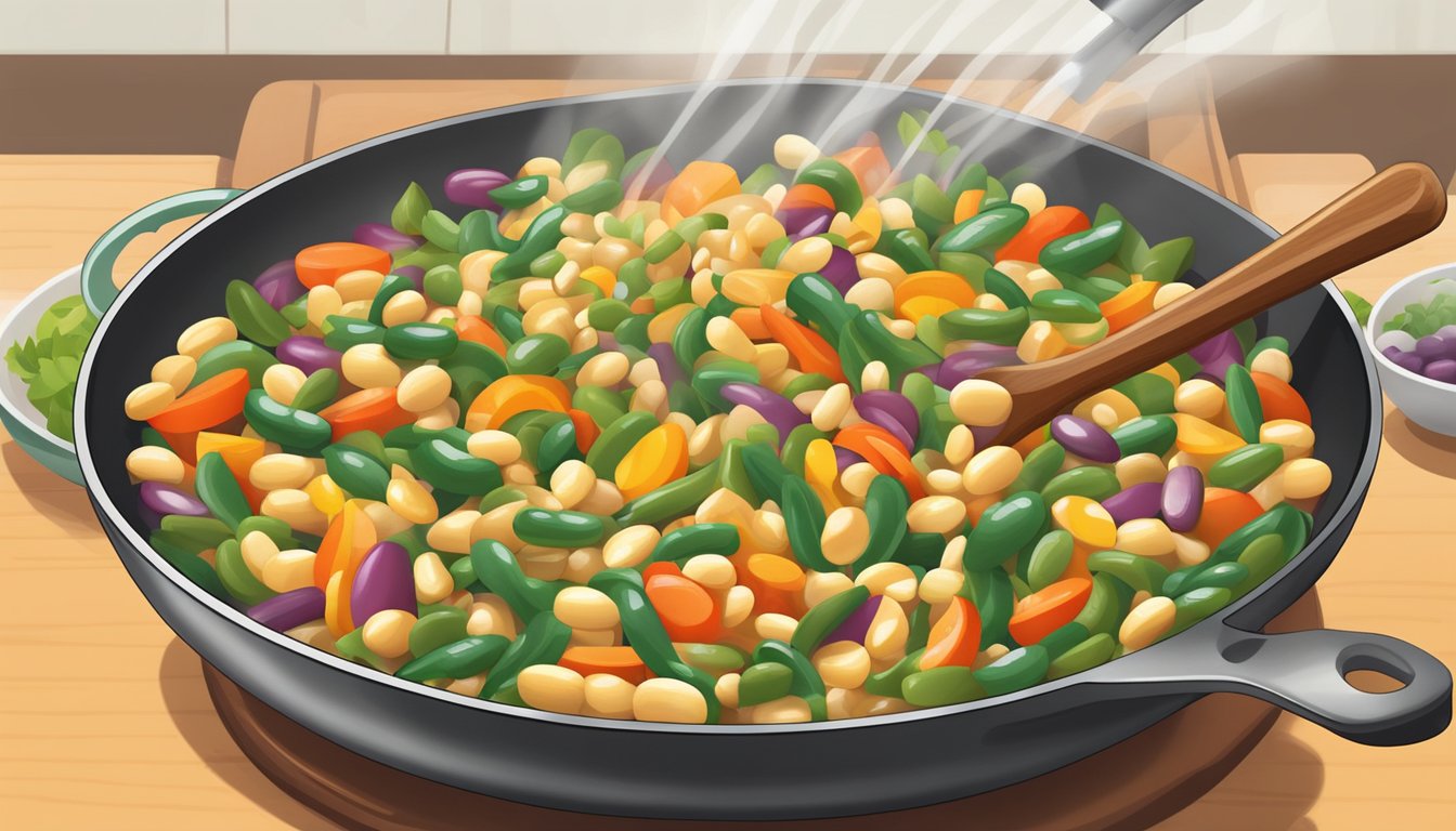 A bowl of cooked flageolet beans being mixed into a colorful vegetable stir-fry in a sizzling skillet