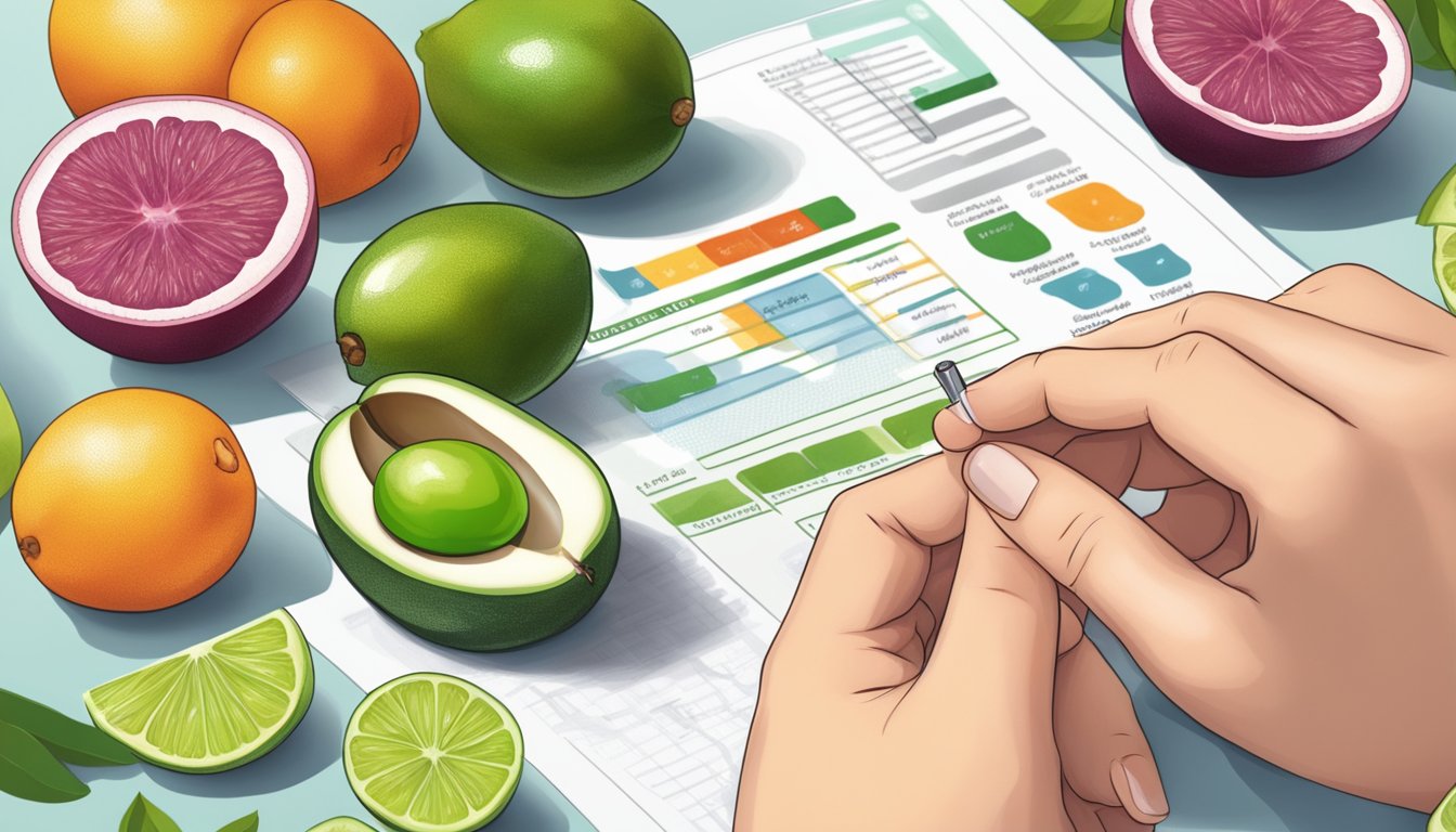 A diabetic carefully examining a finger lime, surrounded by various fruits and a nutrition guide