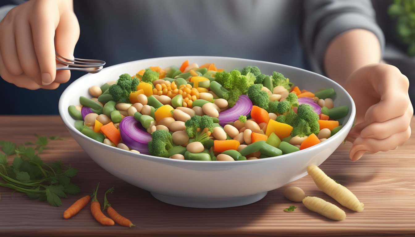 A diabetic person enjoying a bowl of cooked flageolet beans with a variety of colorful vegetables and herbs on a wooden table