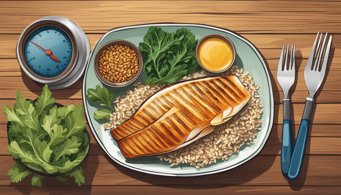 A colorful plate of grilled fish, leafy greens, and whole grains on a wooden table. A measuring cup of rice and a blood glucose monitor sit nearby