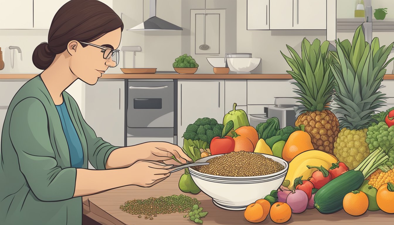 A person with diabetes examining a bowl of freekeh and various fruits and vegetables, considering their dietary needs