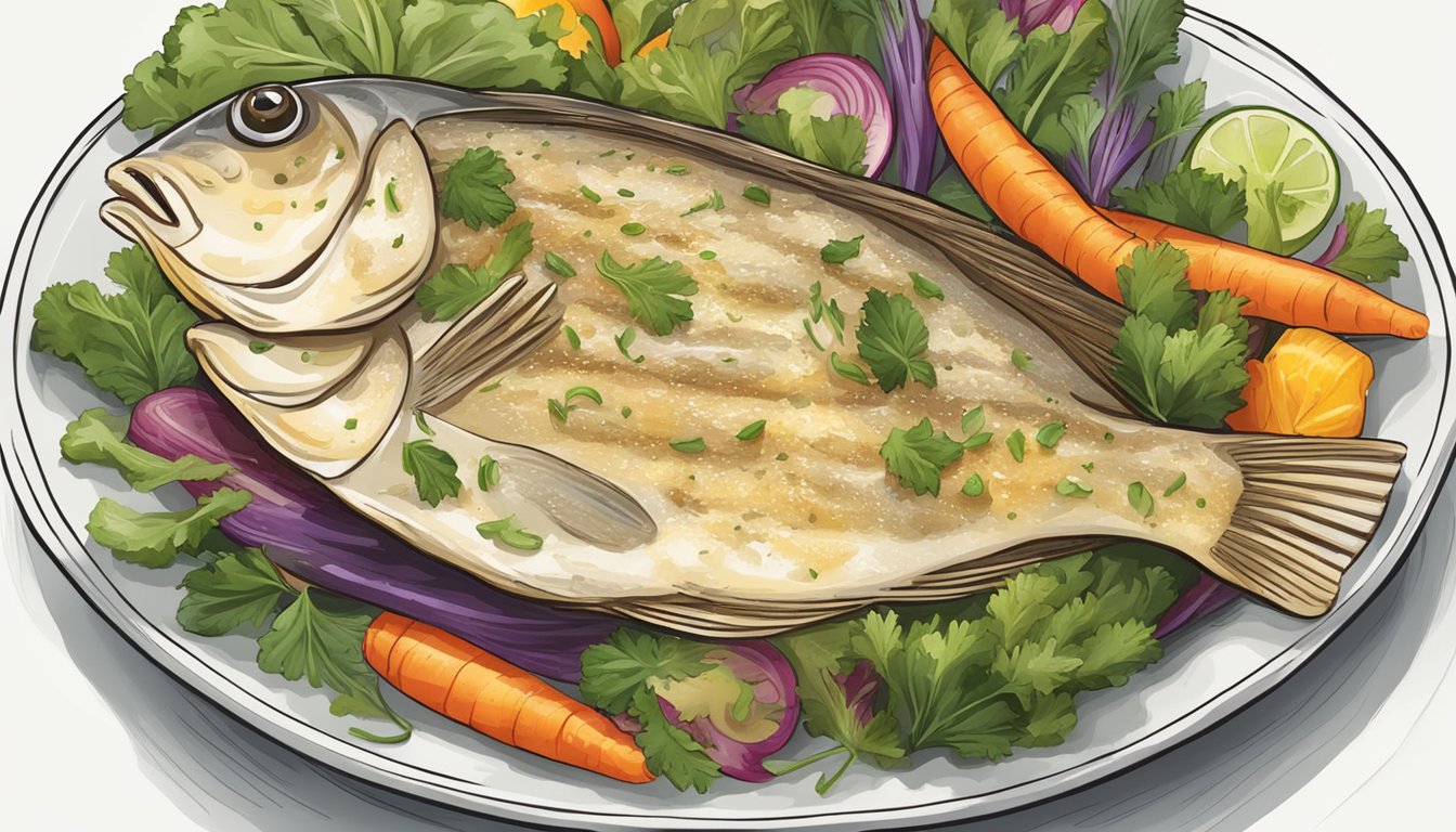 A plate of cooked flounder surrounded by colorful, vibrant vegetables and herbs, with a clear focus on the flounder as the main dish