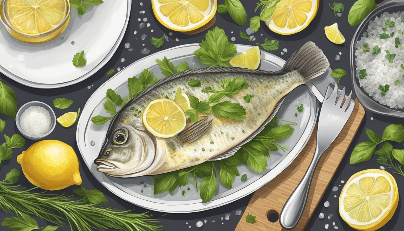 A chef seasons and grills a flounder fillet with fresh herbs and lemon slices