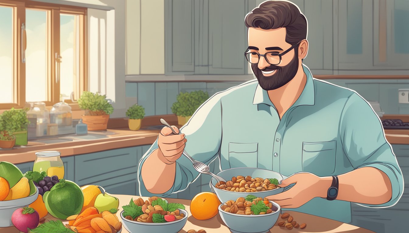 A person with diabetes happily eating a bowl of cooked fonio with fresh fruits and nuts on the side