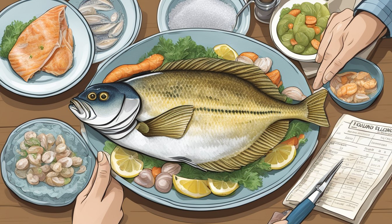 A diabetic person comparing a plate of flounder with other types of seafood, surrounded by nutritional charts and information