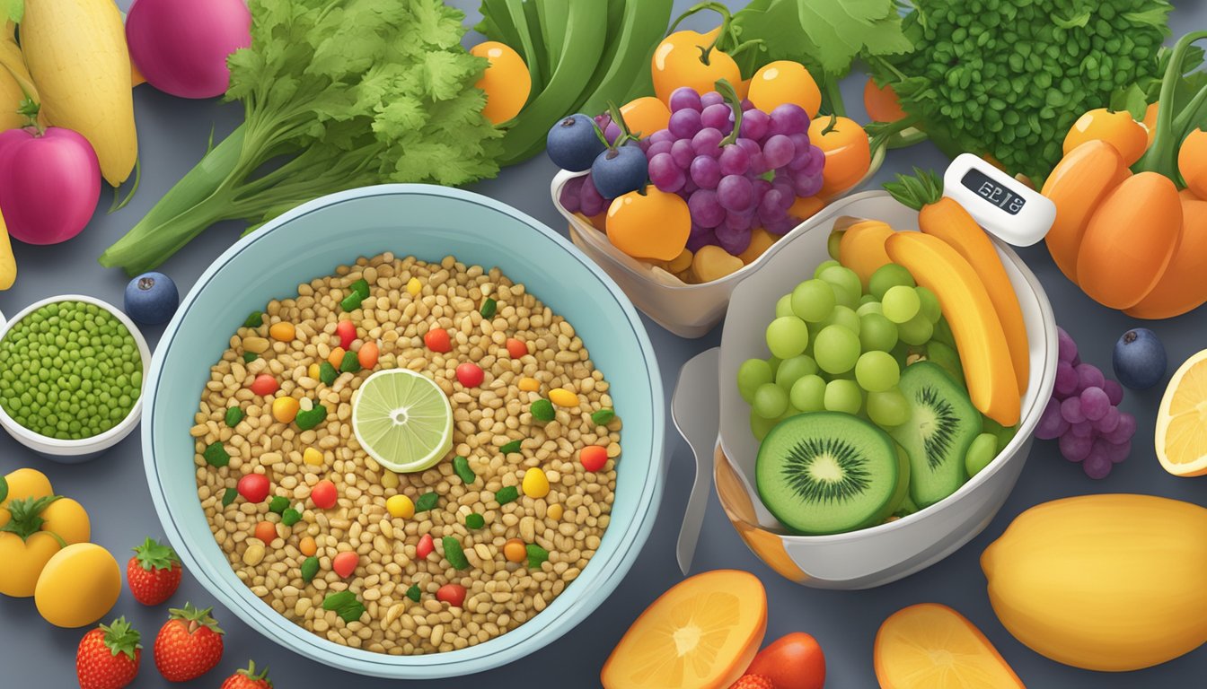 A bowl of cooked freekeh surrounded by colorful fruits and vegetables, with a diabetes-friendly label in the background