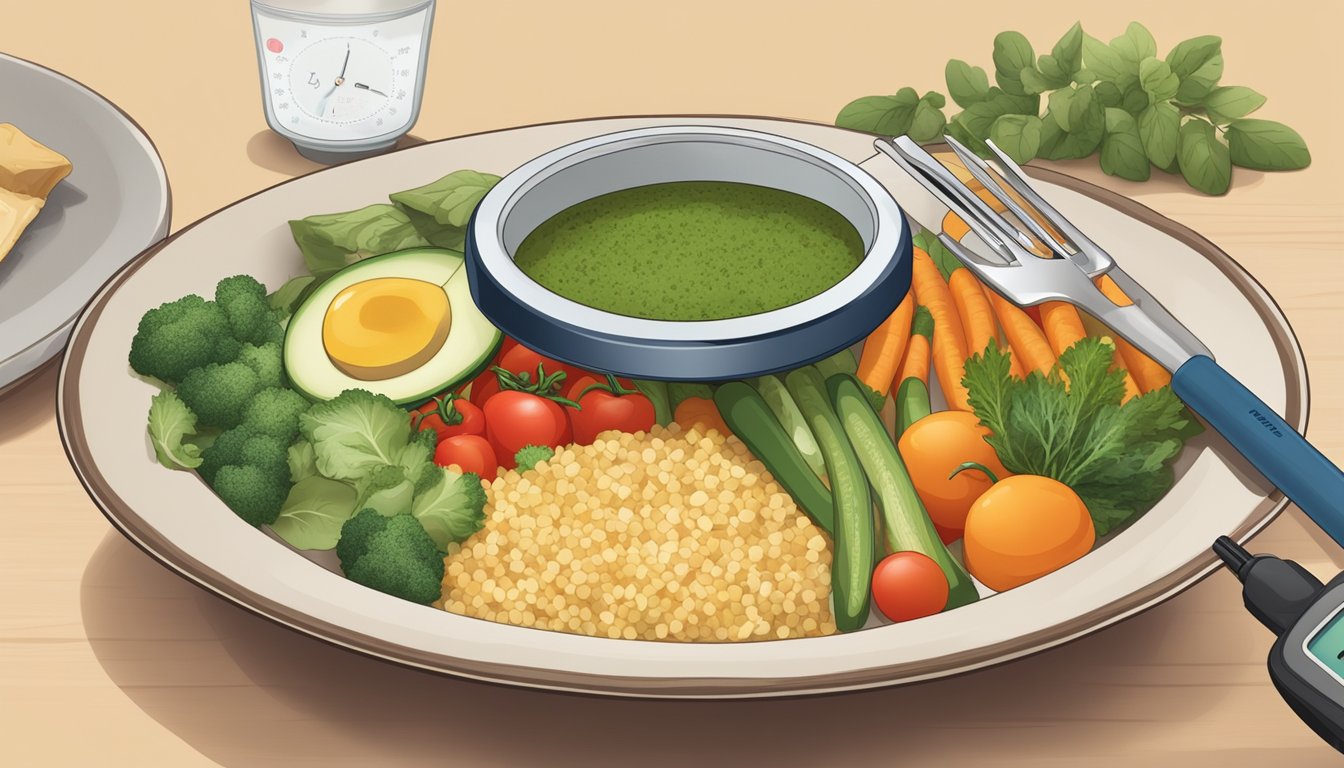 A bowl of cooked fonio with various vegetables and herbs, alongside a diabetes-friendly meal, with a glucometer showing normal blood sugar levels