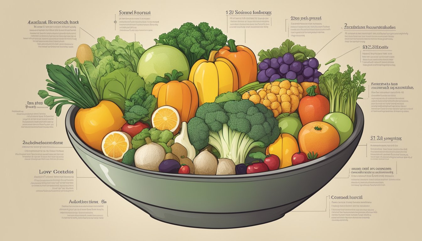 A bowl of cooked fonio surrounded by various fruits and vegetables, with a nutritional chart showing its low glycemic index