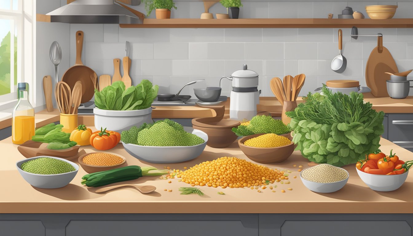 A colorful array of fresh freekeh, vegetables, and cooking utensils arranged on a kitchen counter