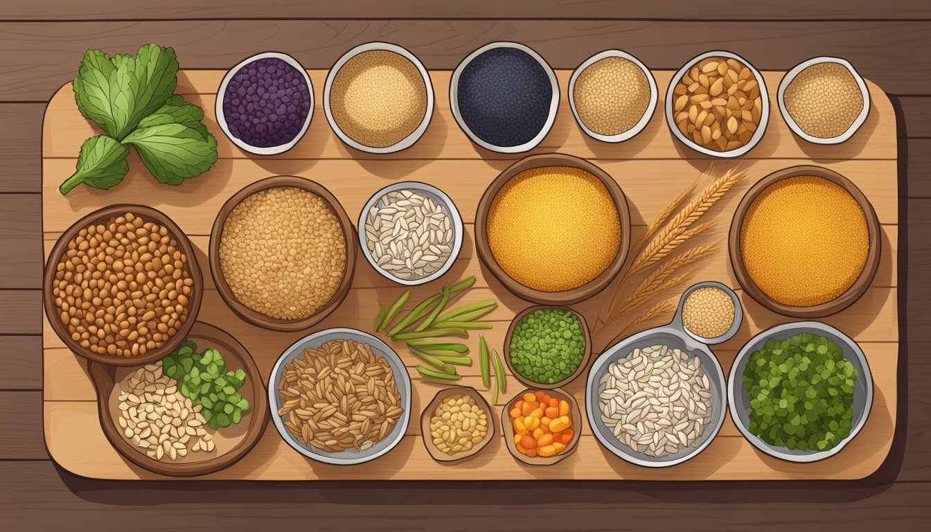 A variety of whole grains, including freekeh, arranged on a wooden cutting board with colorful vegetables and a measuring cup