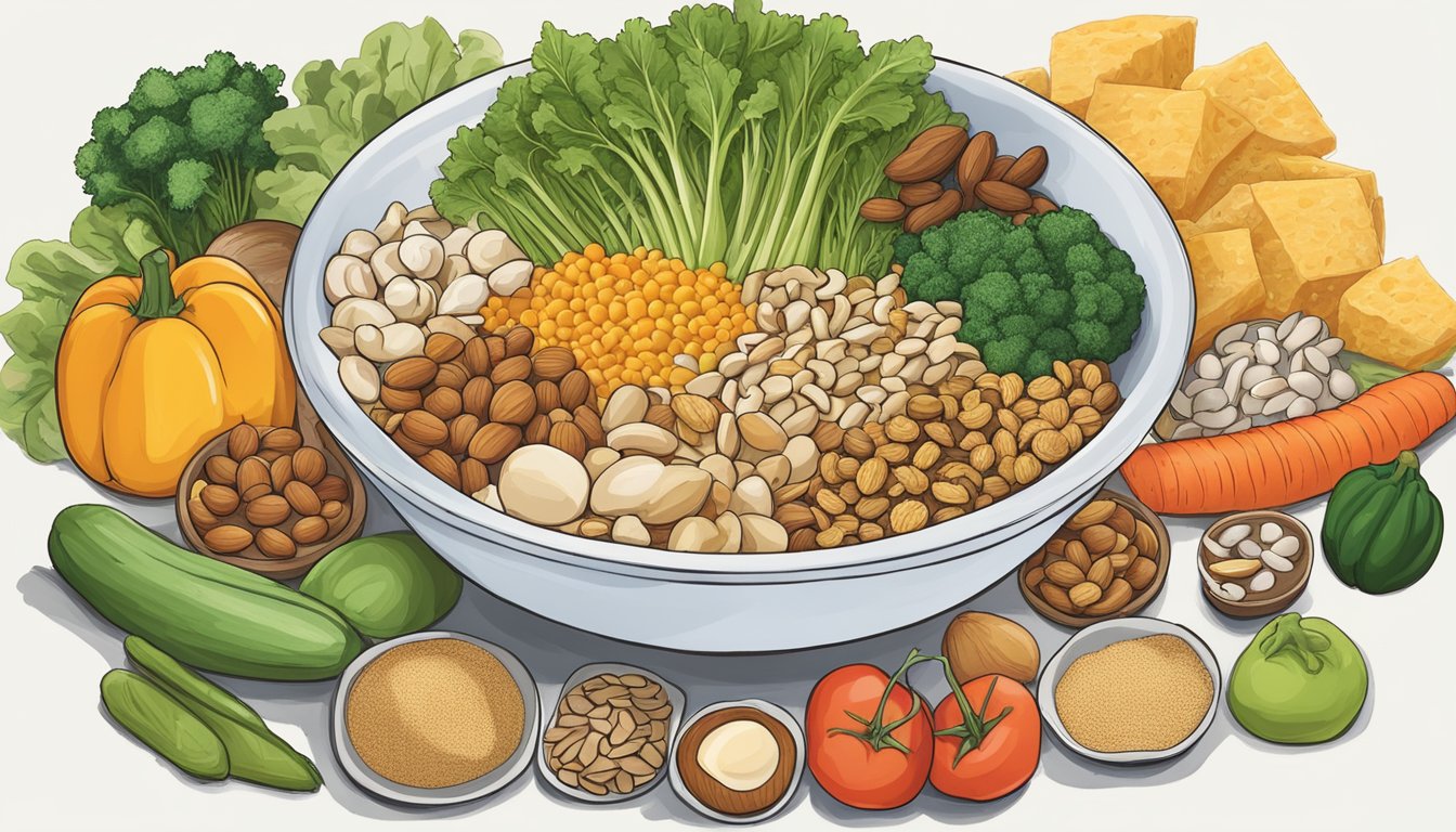 A bowl of cooked fonio surrounded by various low-glycemic index foods like vegetables, nuts, and lean protein