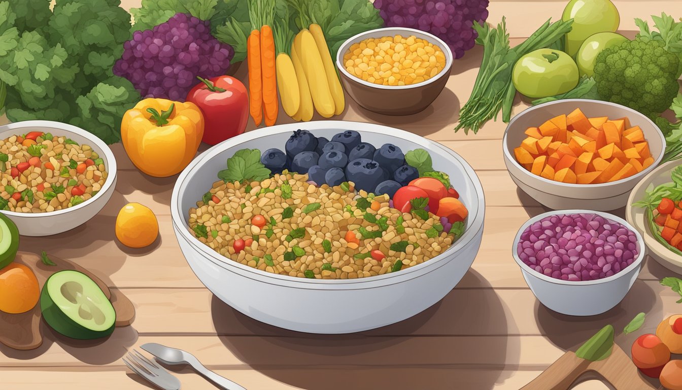 A bowl of cooked freekeh surrounded by colorful vegetables and fruits, with a diabetic-friendly meal spread out on a table