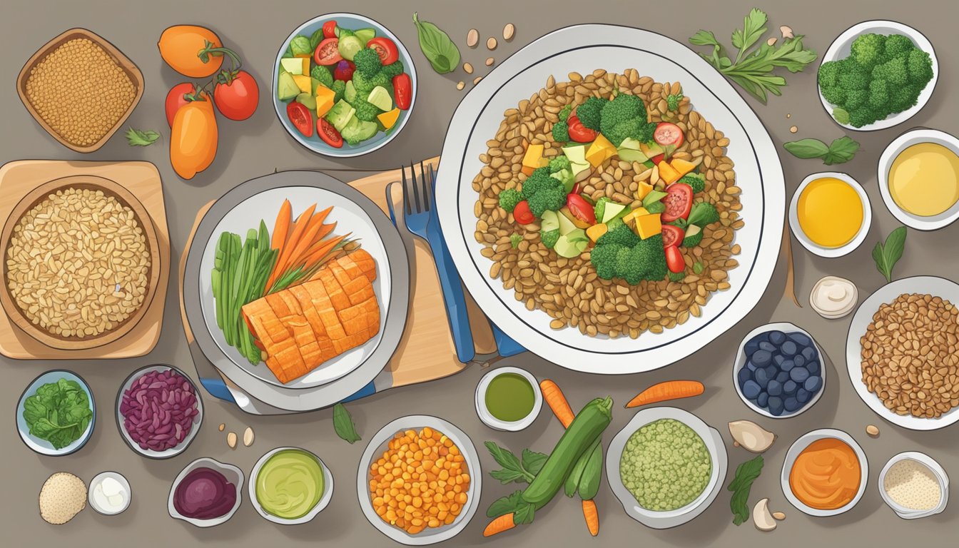 A colorful plate with a variety of foods including freekeh, vegetables, and lean protein, with a nutritional guide displayed next to it