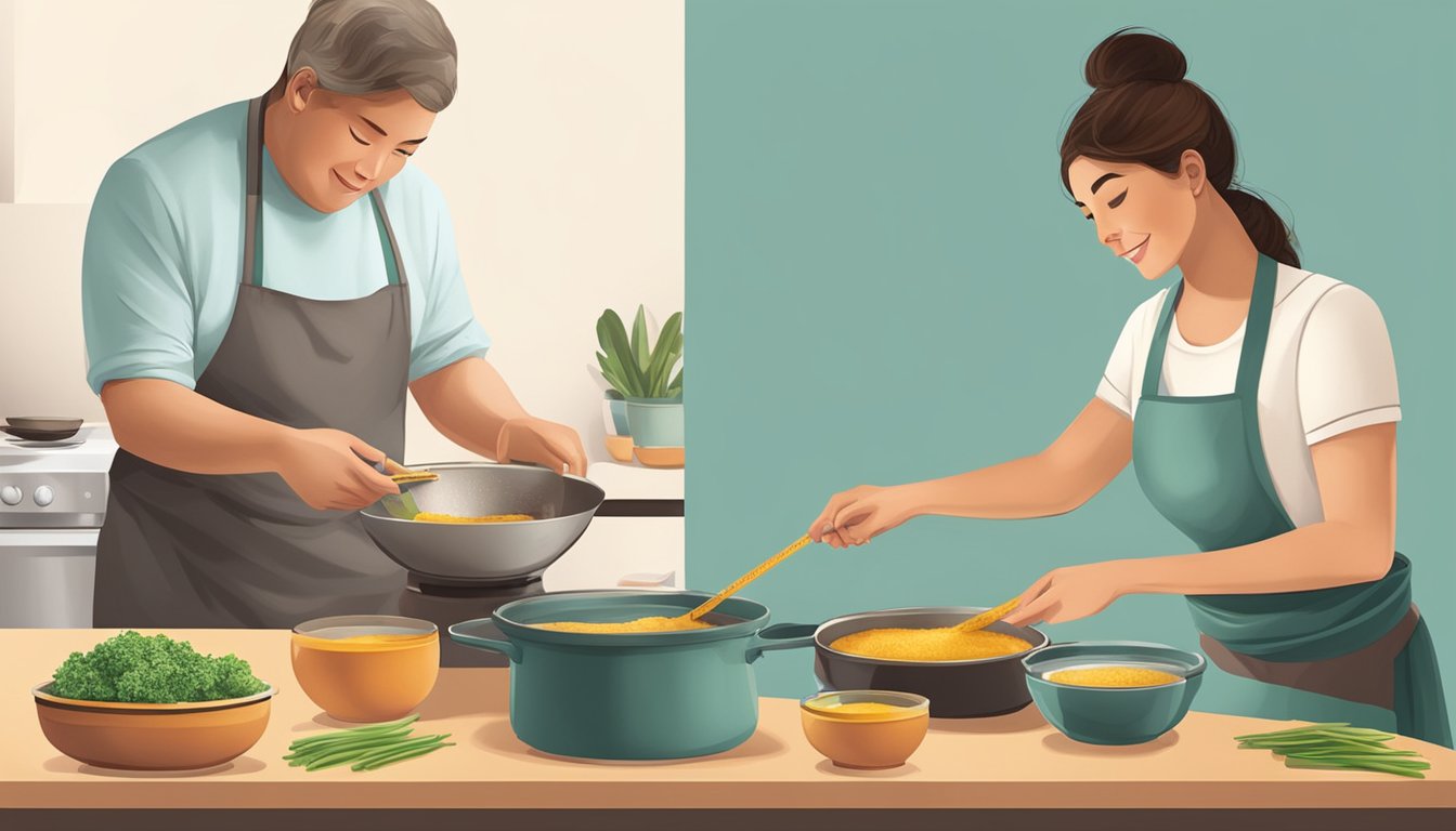 A person measuring and cooking fonio in a pot, then serving it in a bowl