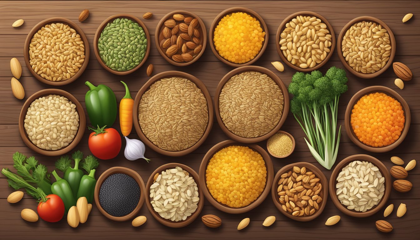 A colorful spread of whole freekeh grains, fresh vegetables, and a variety of nuts and seeds arranged on a wooden cutting board