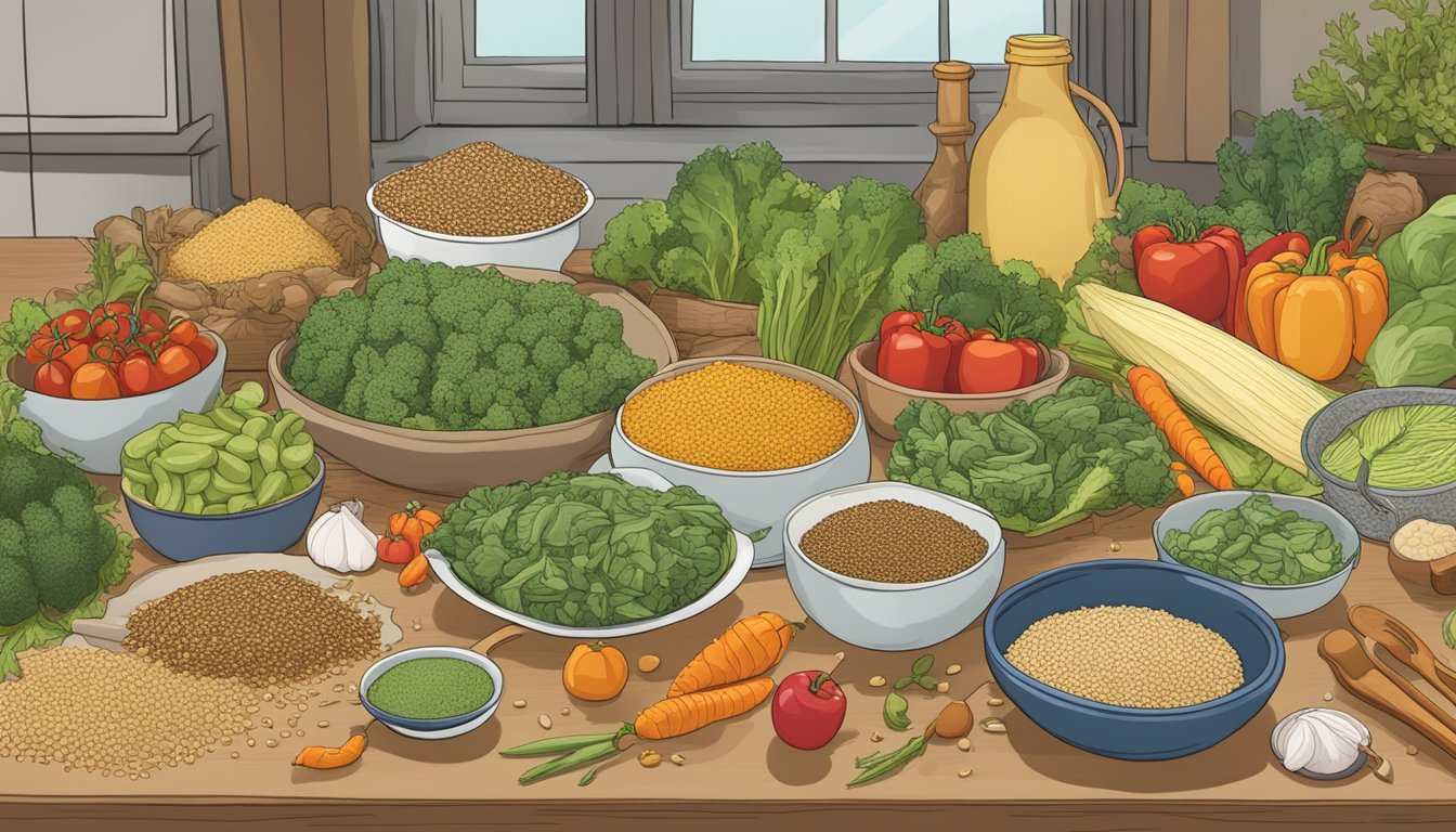 A table set with a variety of colorful vegetables, grains, and cooking utensils, with a book titled "Practical Tips for Cooking and Enjoying Freekeh" open to a page titled "Can Diabetics Eat Freekeh: A Nutritional Guide."