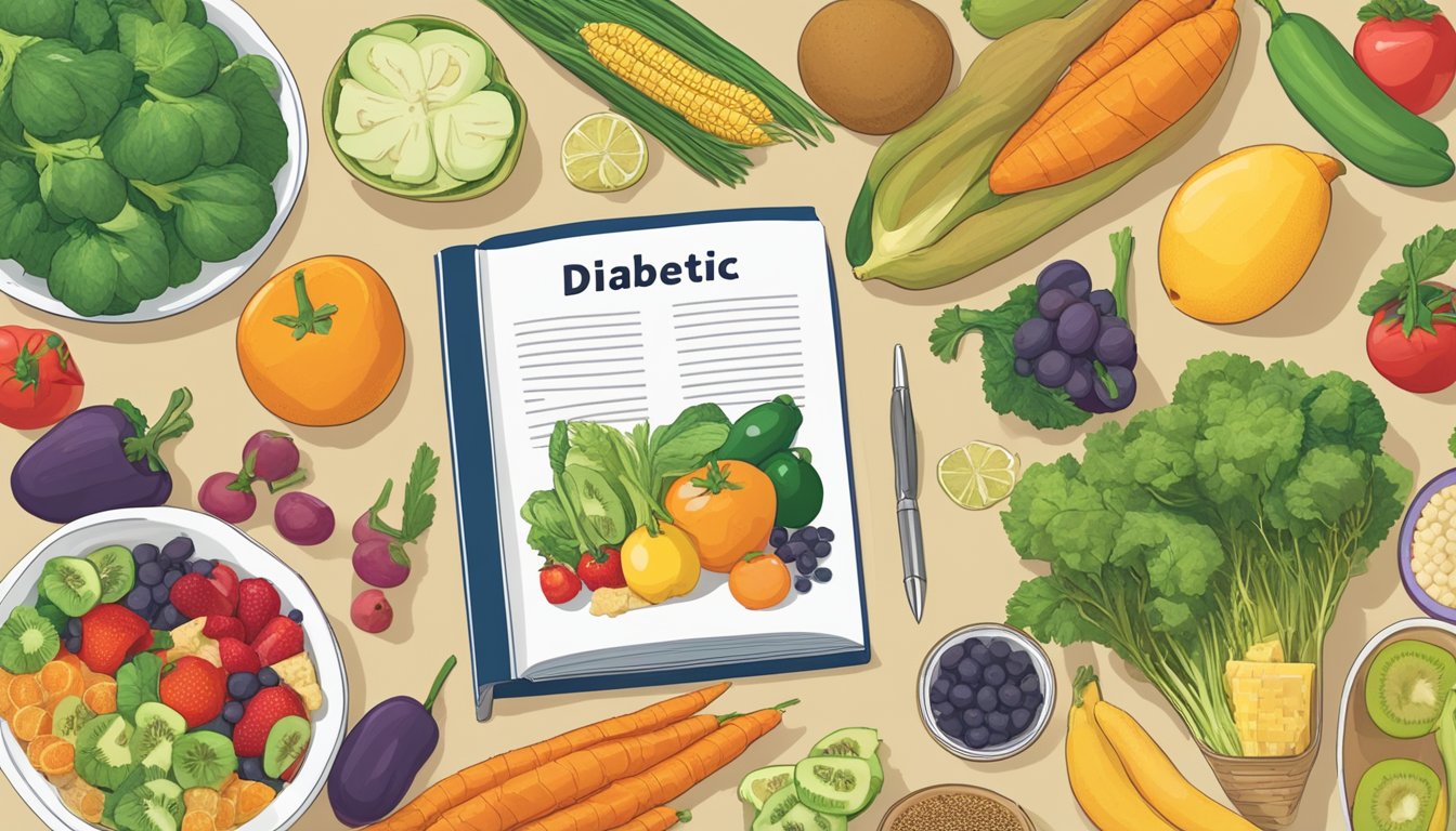 A table with a variety of fruits and vegetables, a bowl of freekeh, and a nutritional guide book open to a page about diabetic-friendly foods