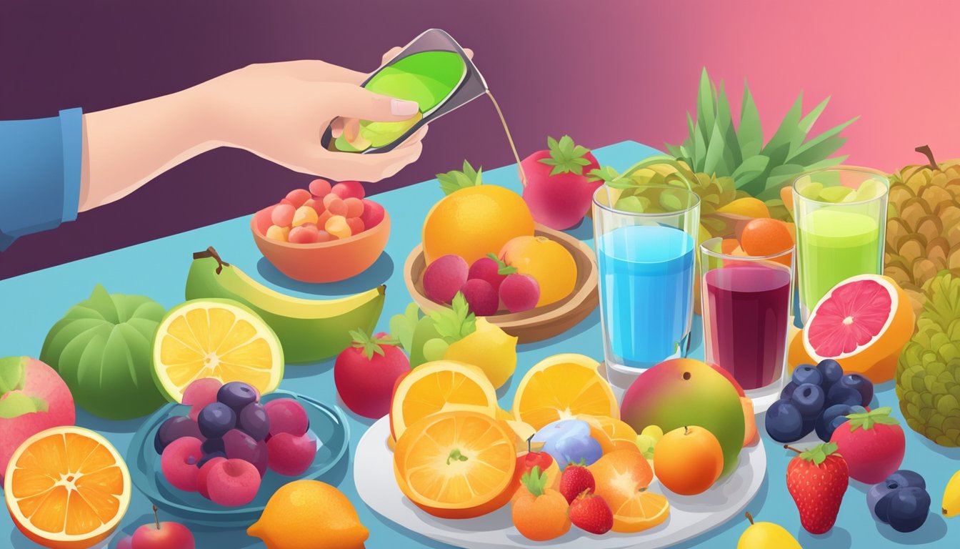 A diabetic person enjoying a variety of fresh fruits and a glass of diluted fruit juice, surrounded by a colorful array of fruits and a glucose monitor