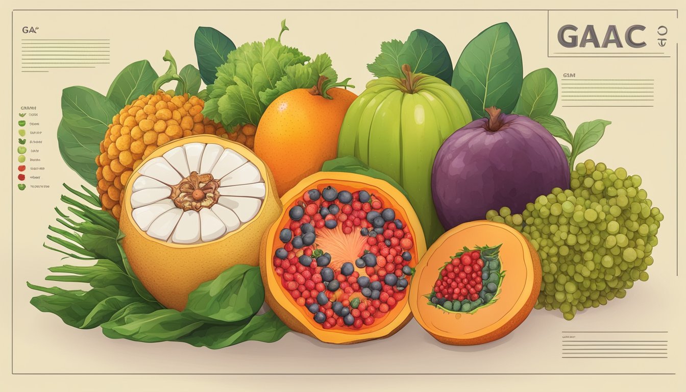 A colorful illustration of a gac fruit surrounded by various fruits and vegetables, with a nutritional profile chart displayed next to it