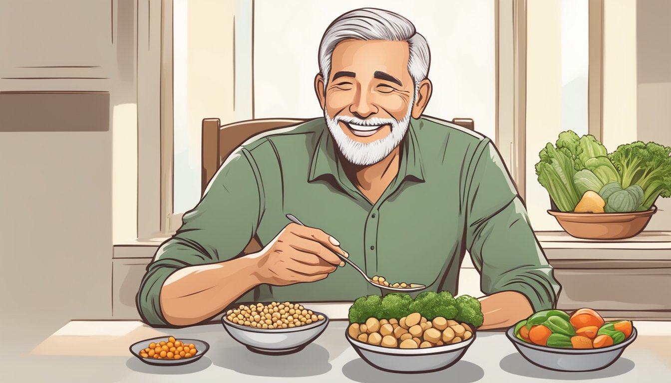 A diabetic person happily eating a bowl of garbanzo beans, surrounded by fresh vegetables and a plate of whole grain bread