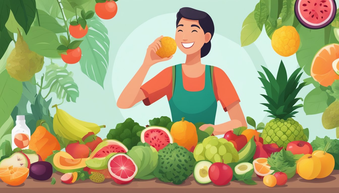 A diabetic person happily eating gac fruit, surrounded by vibrant, fresh produce and a variety of healthy foods