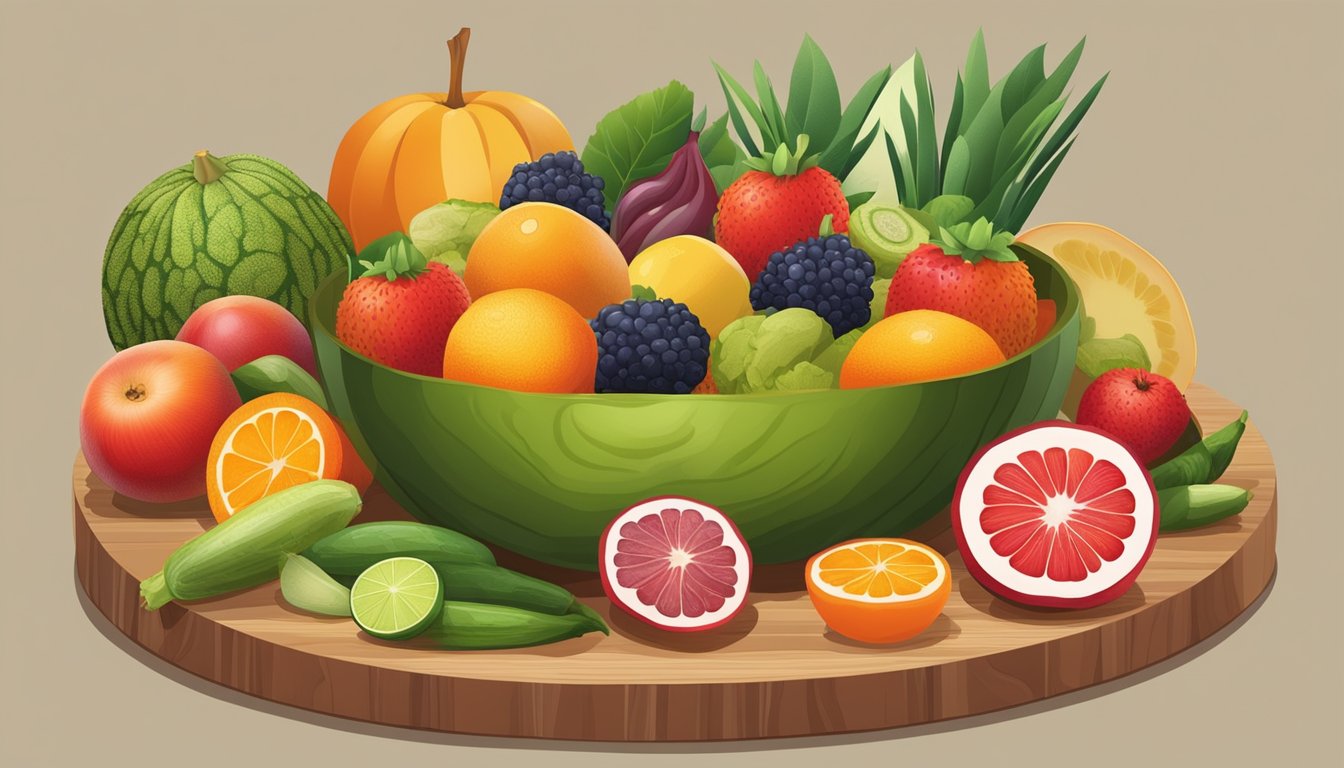 A bowl of gac fruit sliced and arranged on a wooden cutting board, surrounded by a variety of fresh fruits and vegetables