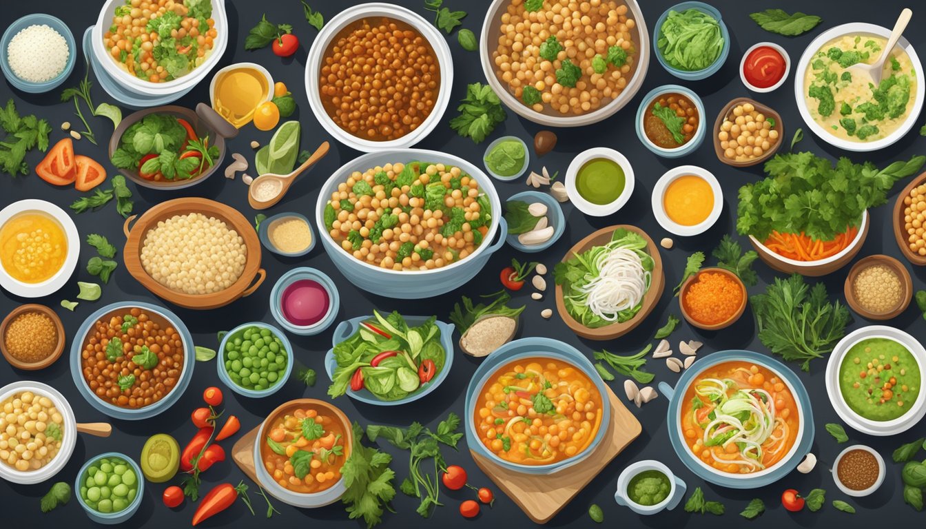 A colorful array of dishes featuring garbanzo beans, such as salads, soups, and stir-fries, surrounded by fresh ingredients like vegetables and herbs