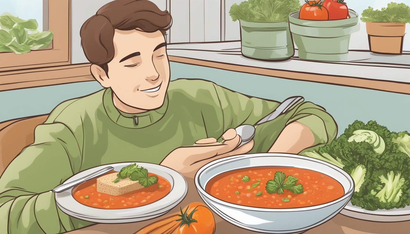 A diabetic person enjoying a bowl of gazpacho surrounded by fresh vegetables and a plate of whole grain bread