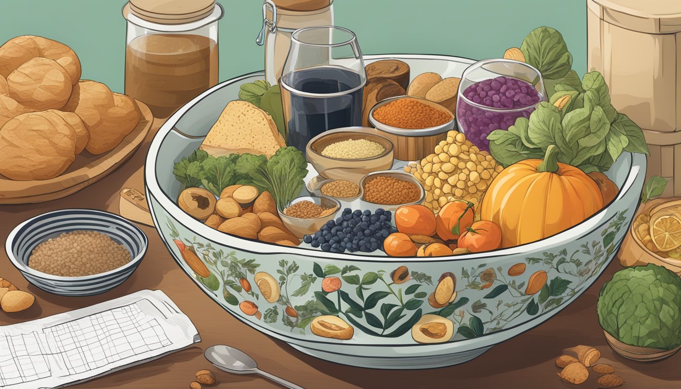 A bowl of garum surrounded by various food items, with a nutrition label and a diabetic-friendly symbol displayed prominently