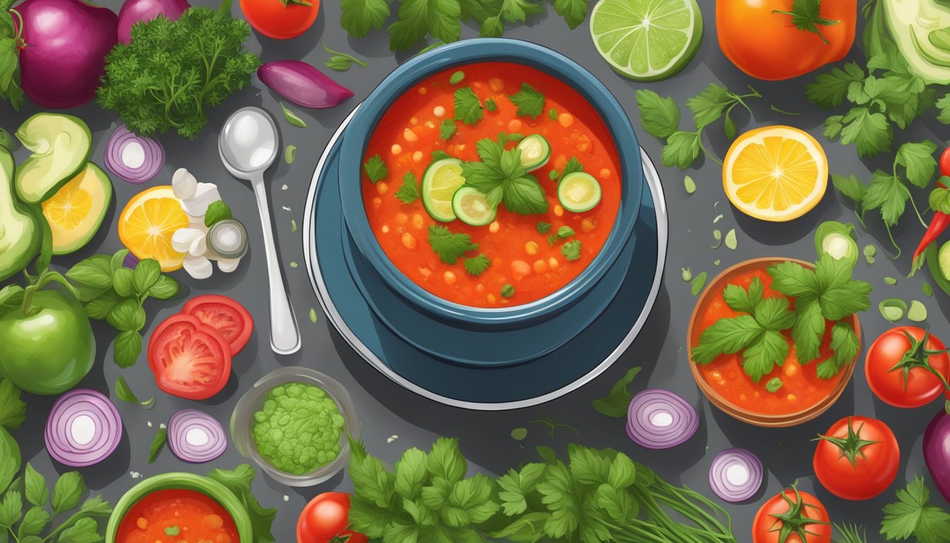 A bowl of colorful gazpacho surrounded by fresh vegetables and herbs