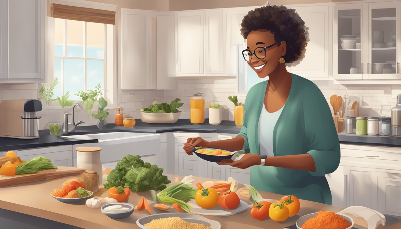 A person with diabetes happily preparing a meal with garum and a variety of diabetic-friendly foods on a kitchen counter