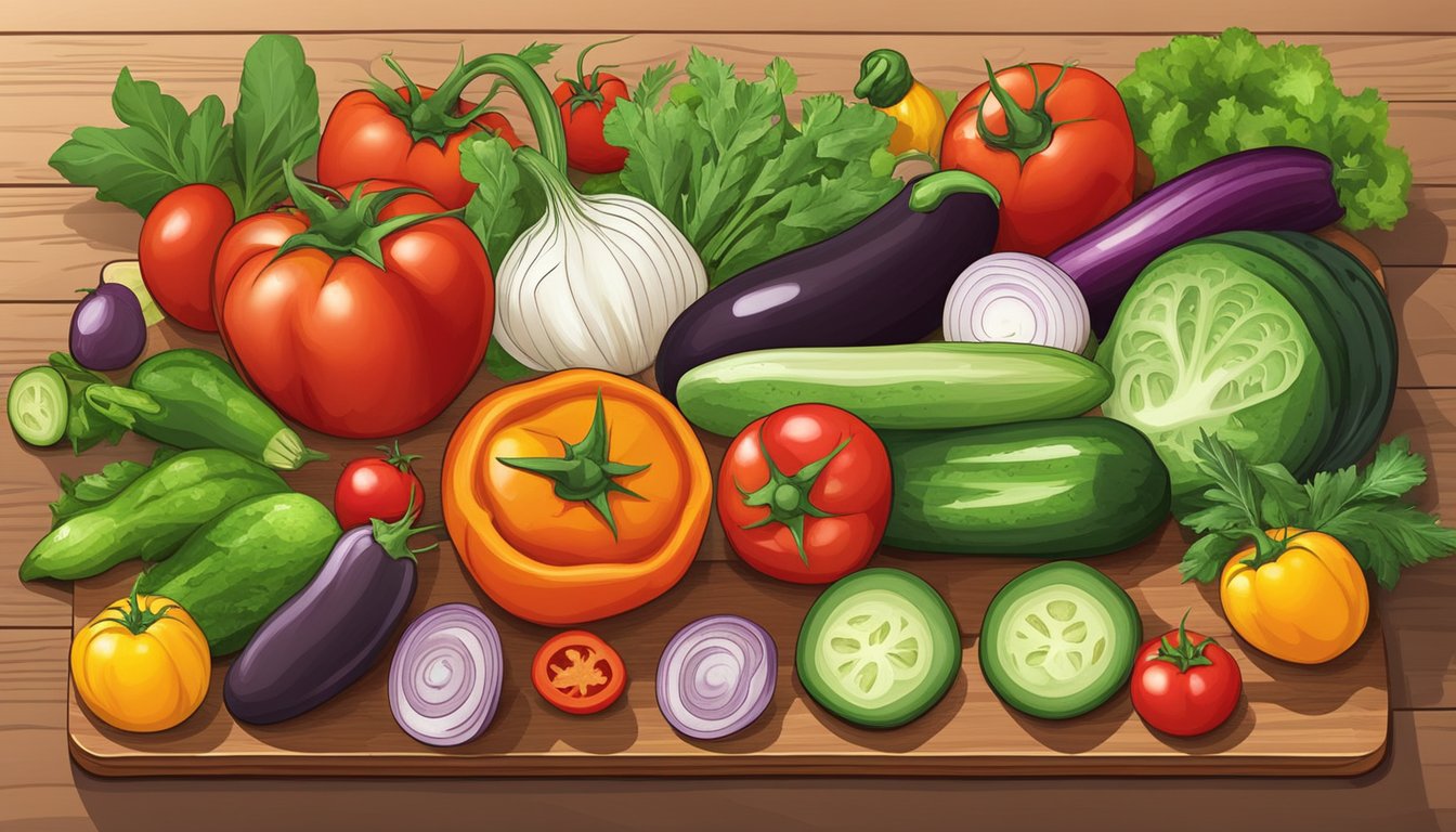 A colorful array of fresh vegetables and herbs, including tomatoes, cucumbers, bell peppers, and onions, arranged on a wooden cutting board