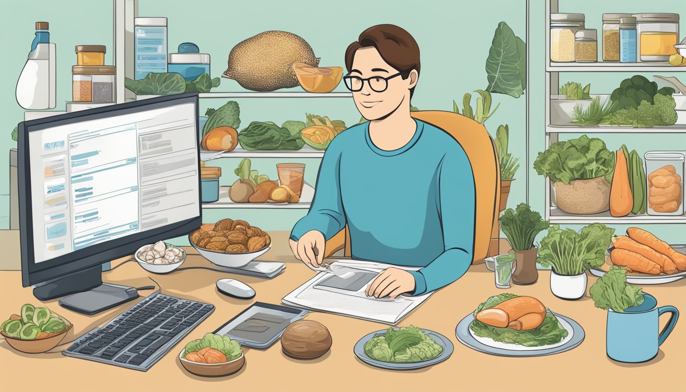 A person with diabetes researching geoduck, surrounded by various types of food and a computer displaying diabetes-friendly diet information